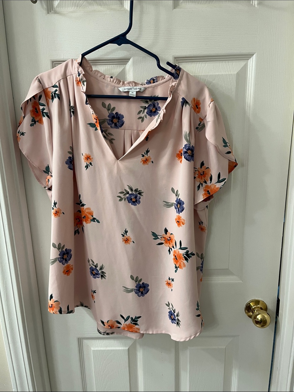 Sanctuary Pink Floral V-Neck Blouse with Orange & Purple Blooms